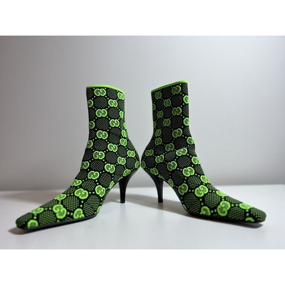 GUCCI 1250$ Women's Black Green GG Knit Ankle Boots - Pointed Toe G EU 37.5 - Picture 7 of 9